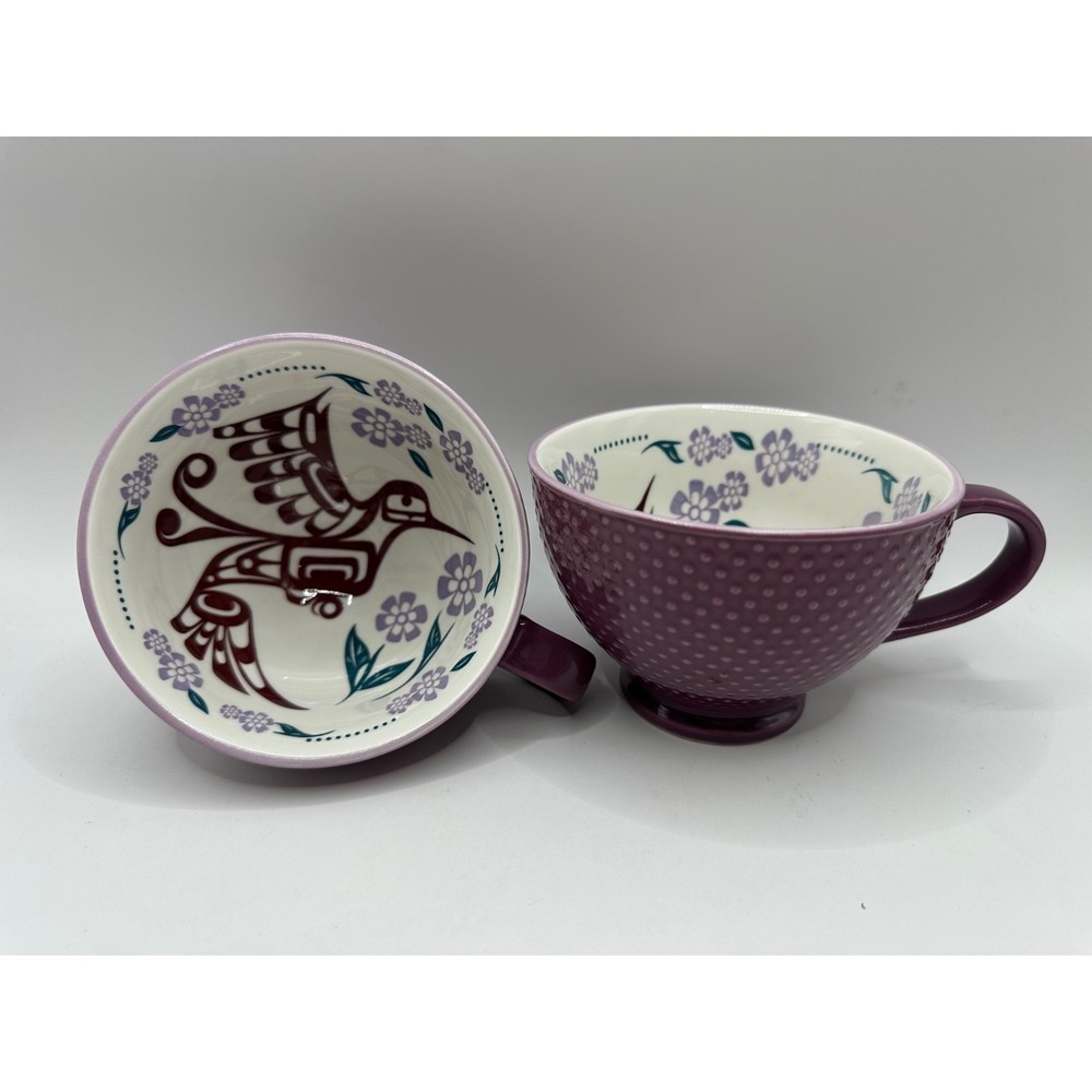 Lot of 2 Native Northwest Purple Floral Hummingbird Tea Cups‎ Indigenous Artists